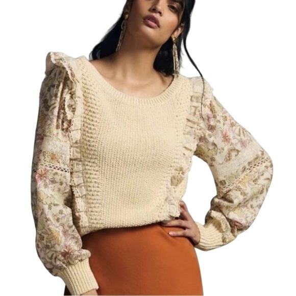 Anthropologie Sweaters - ANTHROPOLOGIE Printed Sleeve Ruffle Sweater, Size XL, New with Tag MSRP $168